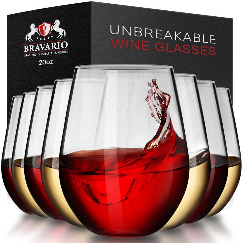 Bravario Unbreakable Stemless Plastic Wine Glasses | Reusable | Shatterproof 100% Tritan Plastic | Dishwasher-Safe | BPA-free | Awesome for Indoor & Outdoor | 20 oz, Set of 8 - Image 1